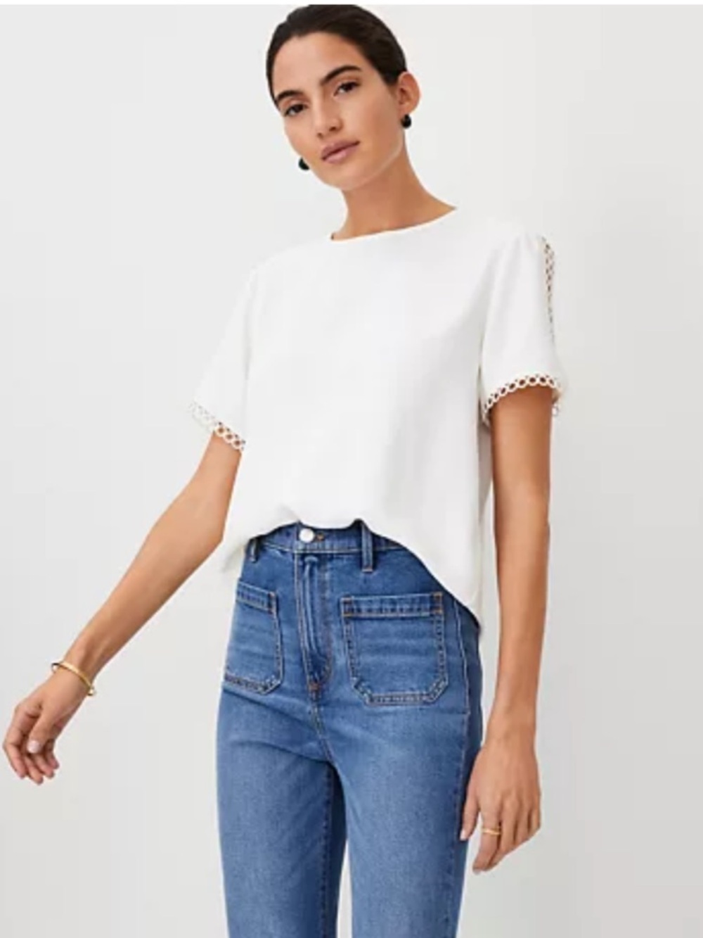 Ann Taylor White Short Sleeve Blouse with Loop Trim